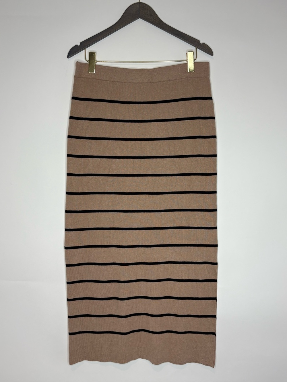 Joie Womens XL Brown Tan Knit Sweater Black Striped Midi Skirt Stretch Side Slit